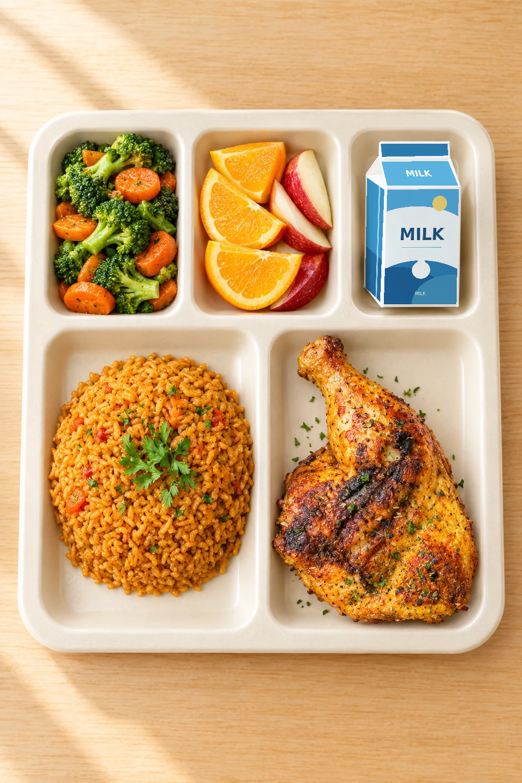 Five-compartment school meal tray with roasted chicken, seasoned rice, broccoli and carrots, orange and apple slices, and a blue-and-white milk carton